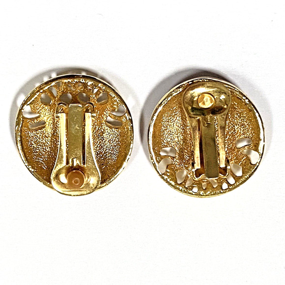 Vintage Clip On Earrings Classic 1980s Boss Lady Gold Filigree Pink Enamel Round - Picture 5 of 7